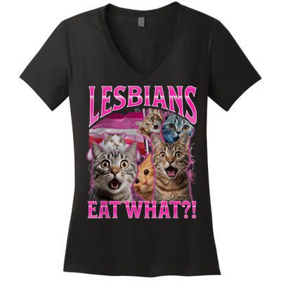 Lesbians Eat What Funny Offensive Cat Bootleg Sarcastic Women's V-Neck T-Shirt