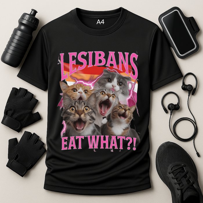 Lesbians Eat What Funny Offensive Cat Unhinged 90s Meme Cooling Performance Crew T-Shirt