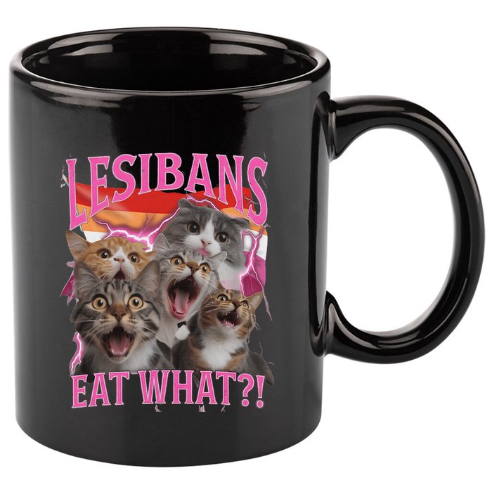 Lesbians Eat What Funny Offensive Cat Unhinged 90s Meme 11oz C Handle Ceramic Mug
