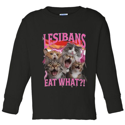 Lesbians Eat What Funny Offensive Cat Unhinged 90s Meme Toddler Long Sleeve Shirt