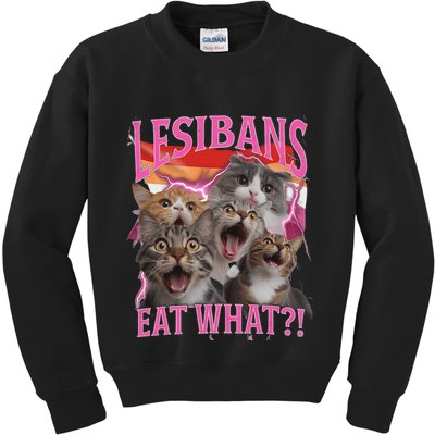 Lesbians Eat What Funny Offensive Cat Unhinged 90s Meme Kids Sweatshirt