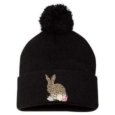 Leopard Floral Bunny Pom Pom 12in Knit Beanie