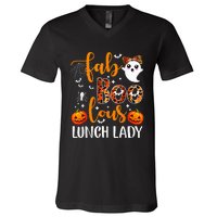 Leopard Fab Boo Lous Lunch Lady Team Teacher Halloween V-Neck T-Shirt