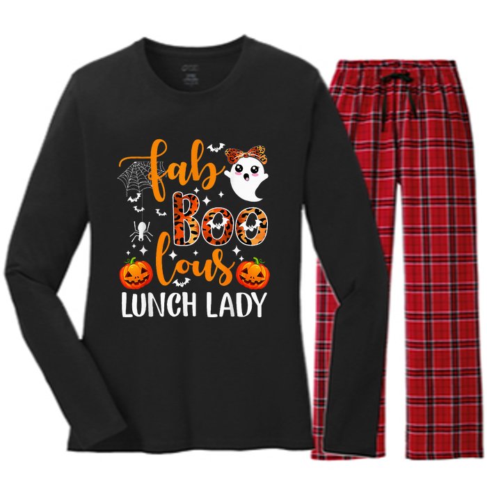 Leopard Fab Boo Lous Lunch Lady Team Teacher Halloween Women's Long Sleeve Flannel Pajama Set 