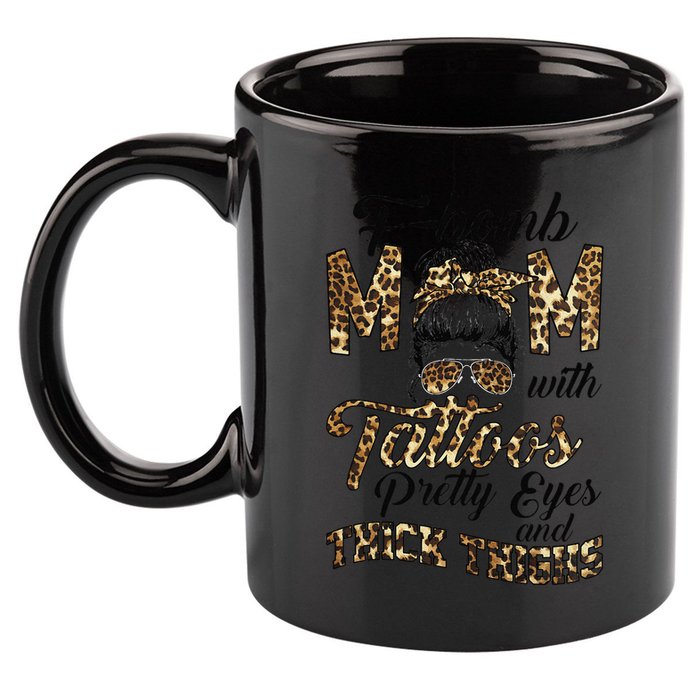 Leopard F Bomb Mom Pretty Eyes Messy Bun Mother's Day 11oz C Handle Ceramic Mug