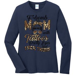 Leopard F Bomb Mom Pretty Eyes Messy Bun Mother's Day Ladies Long Sleeve Shirt