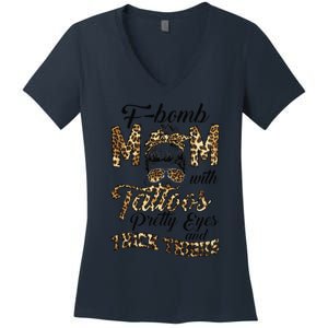 Leopard F Bomb Mom Pretty Eyes Messy Bun Mother's Day Women's V-Neck T-Shirt