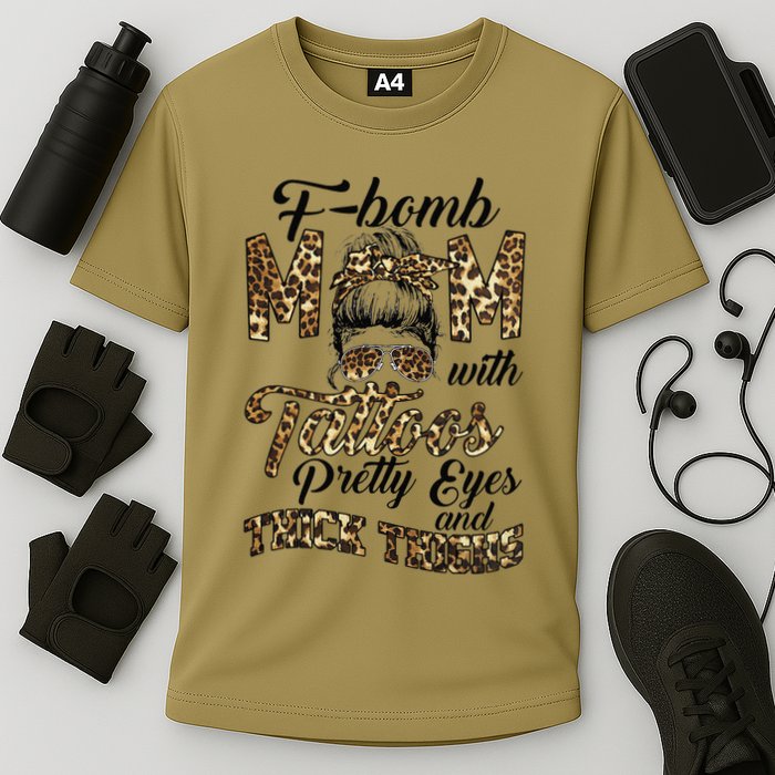 Leopard F Bomb Mom Pretty Eyes Messy Bun Mother's Day Cooling Performance Crew T-Shirt