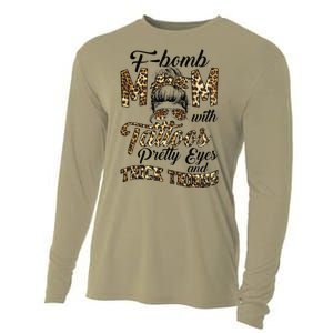 Leopard F Bomb Mom Pretty Eyes Messy Bun Mother's Day Cooling Performance Long Sleeve Crew