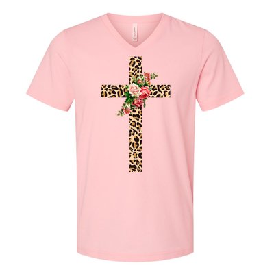 Leopard Flower Cross V-Neck T-Shirt