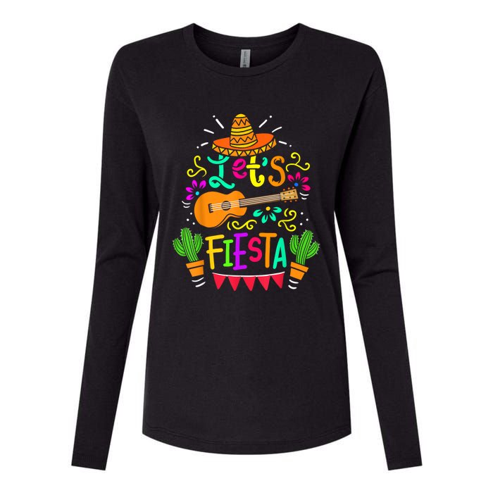 Lets Fiesta Cinco De Mayo Mexican Guitar Cactus Womens Cotton Relaxed Long Sleeve T-Shirt