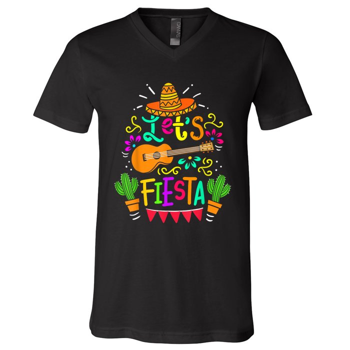 Lets Fiesta Cinco De Mayo Mexican Guitar Cactus V-Neck T-Shirt