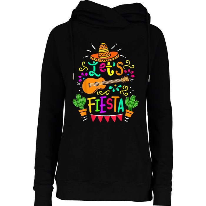 Lets Fiesta Cinco De Mayo Mexican Guitar Cactus Womens Funnel Neck Pullover Hood