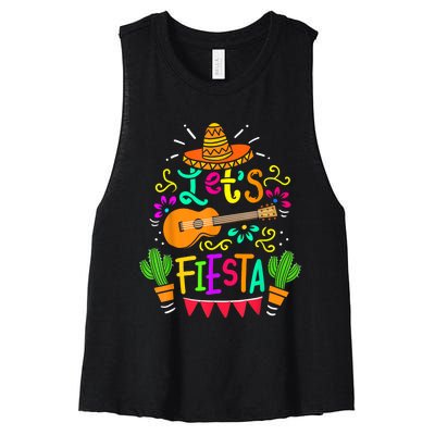 Lets Fiesta Cinco De Mayo Mexican Guitar Cactus Women's Racerback Cropped Tank