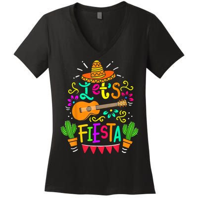 Lets Fiesta Cinco De Mayo Mexican Guitar Cactus Women's V-Neck T-Shirt