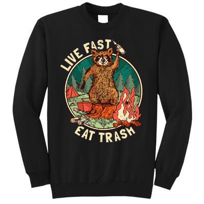 Live Fast Eat Trash Raccoon Camping and Hiking Tall Sweatshirt