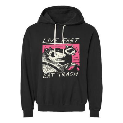 Live Fast Eat Trash And Get Hit By A Car Sunset Raccoon Garment-Dyed Fleece Hoodie