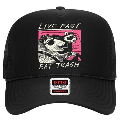 Live Fast Eat Trash And Get Hit By A Car Sunset Raccoon High Crown Mesh Back Trucker Hat