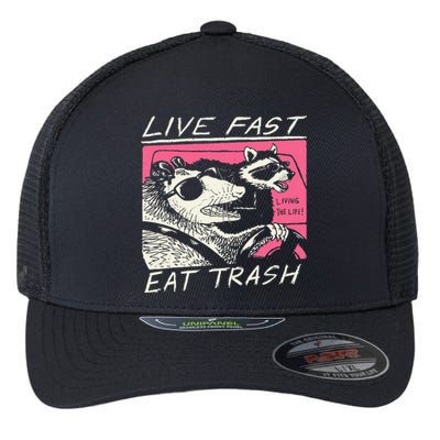 Live Fast Eat Trash And Get Hit By A Car Sunset Raccoon Flexfit Unipanel Trucker Cap