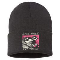 Live Fast Eat Trash And Get Hit By A Car Sunset Raccoon Sustainable Knit Beanie