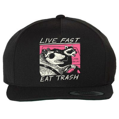 Live Fast Eat Trash And Get Hit By A Car Sunset Raccoon Wool Snapback Cap