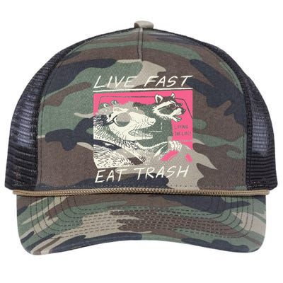 Live Fast Eat Trash And Get Hit By A Car Sunset Raccoon Retro Rope Trucker Hat Cap