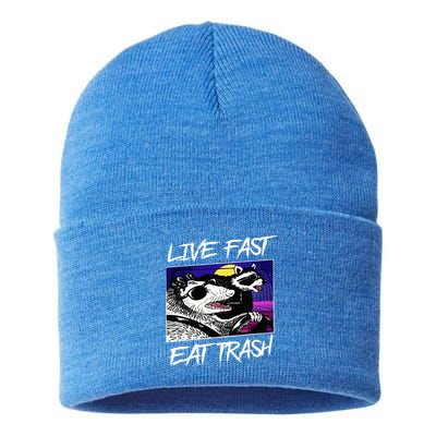 Live Fast Eat Trash Panda Raccoon Opossum Enthusiasts Sustainable Knit Beanie