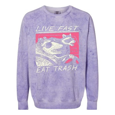 Live Fast Eat Trash And Get Hit By A Car Sunset Raccoon Colorblast Crewneck Sweatshirt