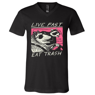 Live Fast Eat Trash And Get Hit By A Car Sunset Raccoon V-Neck T-Shirt