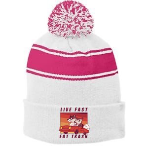 Live Fast Eat Trash Race Car Funny Raccoon Stripe Pom Pom Beanie