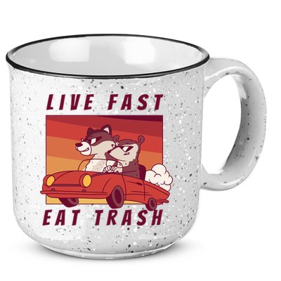 Live Fast Eat Trash Race Car Funny Raccoon 15oz Campfire Ceramic Mug
