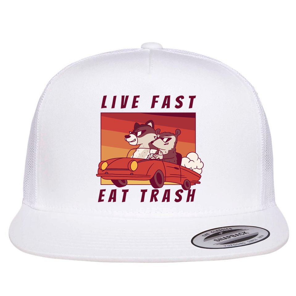 Live Fast Eat Trash Race Car Funny Raccoon Flat Bill Trucker Hat