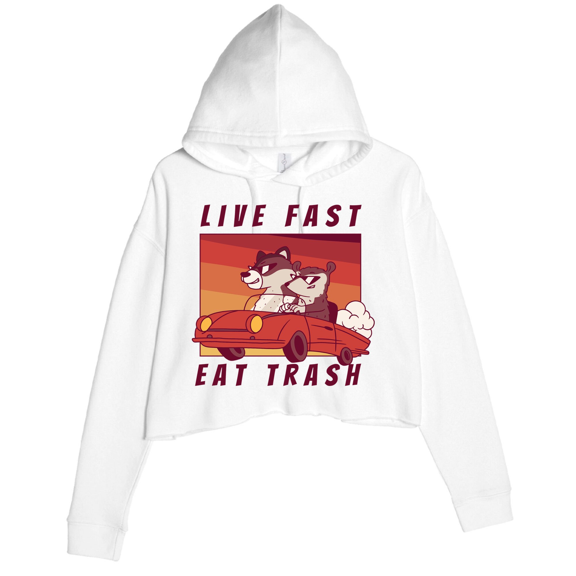 Live Fast Eat Trash Race Car Funny Raccoon Crop Fleece Hoodie