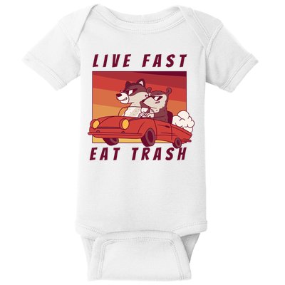 Live Fast Eat Trash Race Car Funny Raccoon Baby Bodysuit