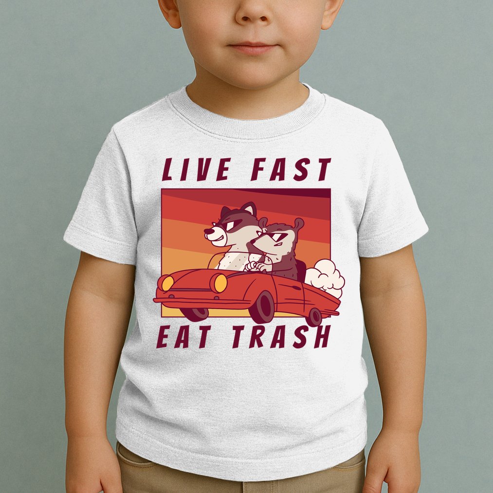 Live Fast Eat Trash Race Car Funny Raccoon Toddler T-Shirt