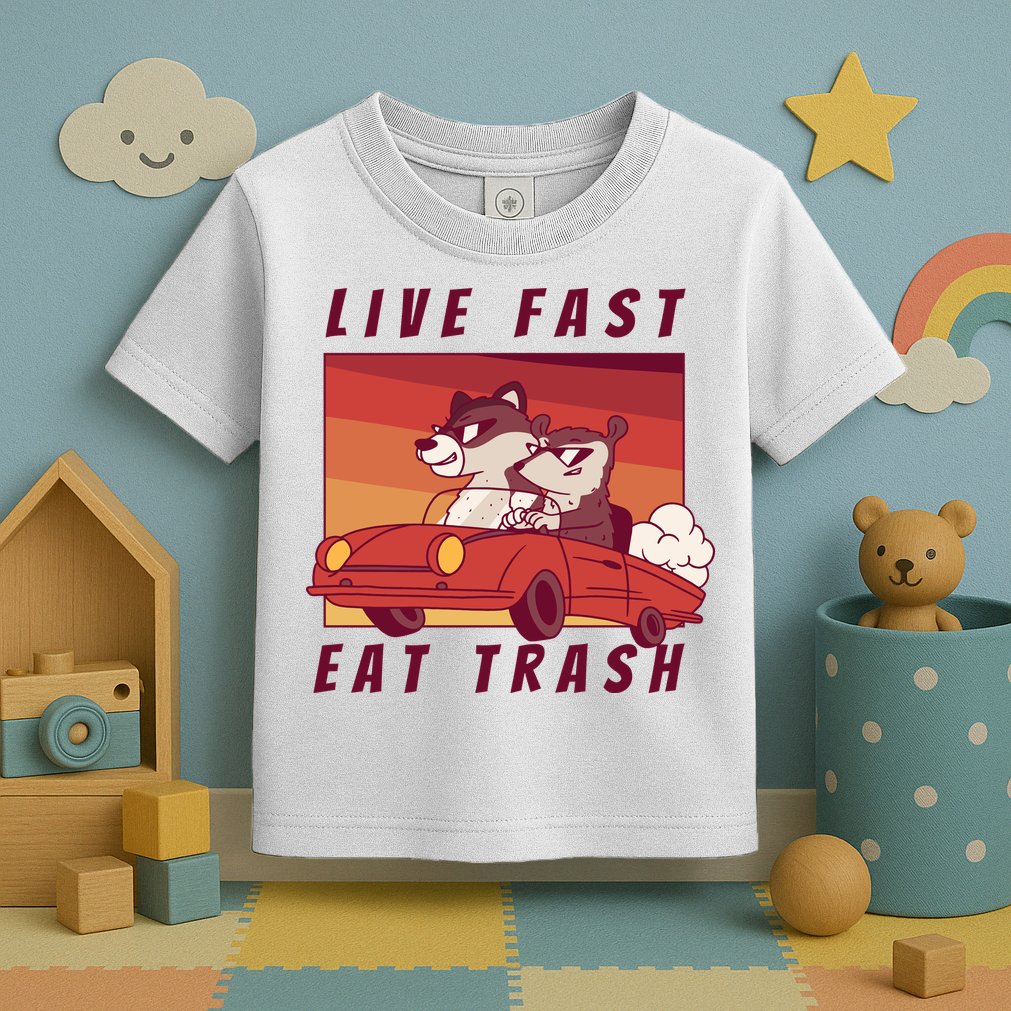 Live Fast Eat Trash Race Car Funny Raccoon Toddler T-Shirt