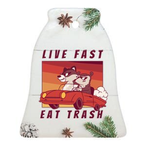 Live Fast Eat Trash Race Car Funny Raccoon Ceramic Bell Ornament