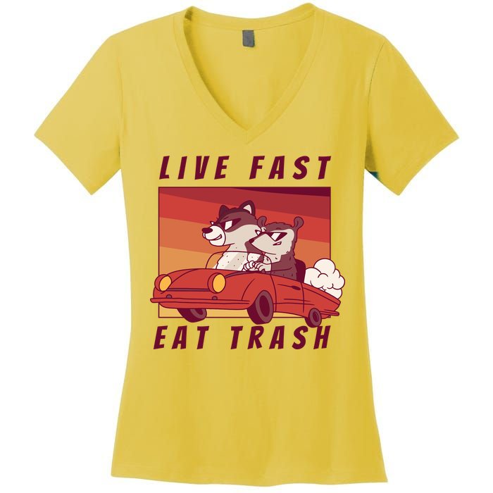 Live Fast Eat Trash Race Car Funny Raccoon Women's V-Neck T-Shirt