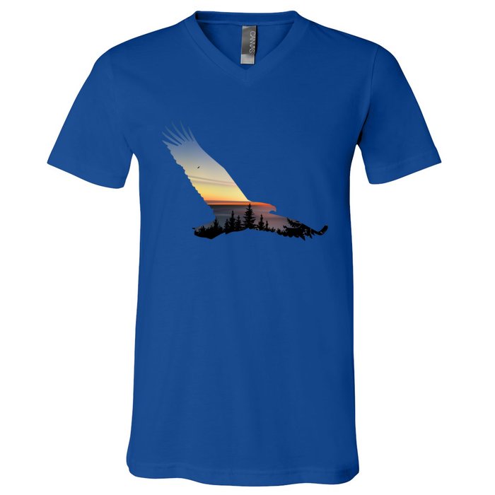 Lovely Flying Eagle Trippy Forest Sky Silhouette Tee Gift V-Neck T-Shirt