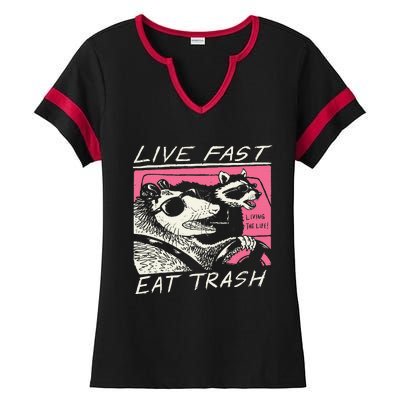 Live Fast Eat Trash And Get Hit By A Car Sunset Raccoon Ladies Halftime Notch Neck Tee