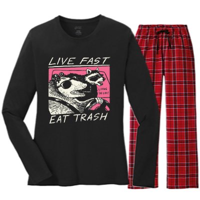 Live Fast Eat Trash And Get Hit By A Car Sunset Raccoon Women's Long Sleeve Flannel Pajama Set 