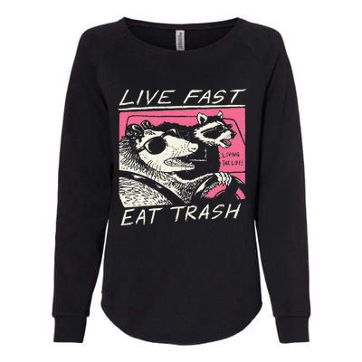 Live Fast Eat Trash And Get Hit By A Car Sunset Raccoon Womens California Wash Sweatshirt