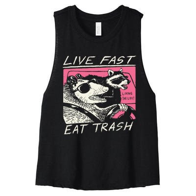 Live Fast Eat Trash And Get Hit By A Car Sunset Raccoon Women's Racerback Cropped Tank