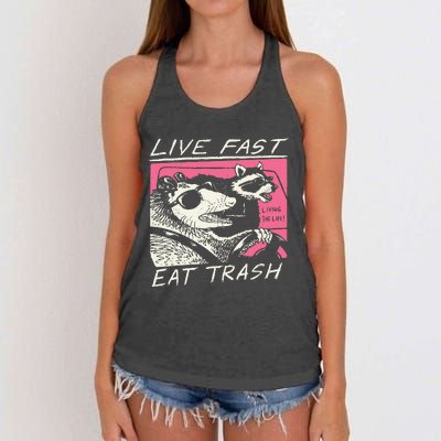 Live Fast Eat Trash And Get Hit By A Car Sunset Raccoon Women's Knotted Racerback Tank