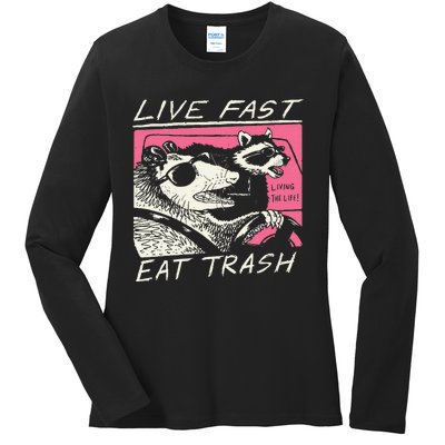 Live Fast Eat Trash And Get Hit By A Car Sunset Raccoon Ladies Long Sleeve Shirt