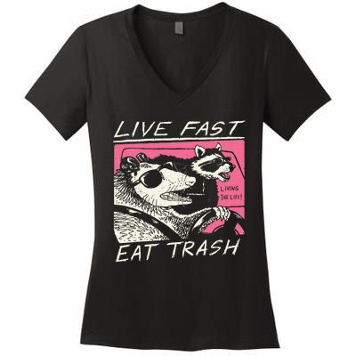 Live Fast Eat Trash And Get Hit By A Car Sunset Raccoon Women's V-Neck T-Shirt