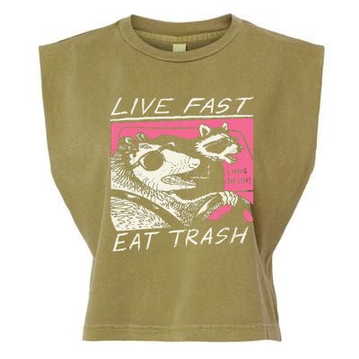 Live Fast Eat Trash And Get Hit By A Car Sunset Raccoon Garment-Dyed Women's Muscle Tee