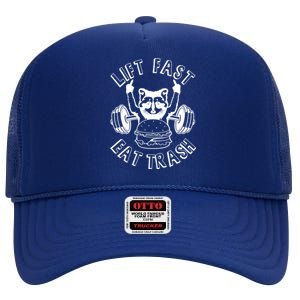 Lift Fast Eat Trash Racoon Gym And Fitness And Gift High Crown Mesh Back Trucker Hat