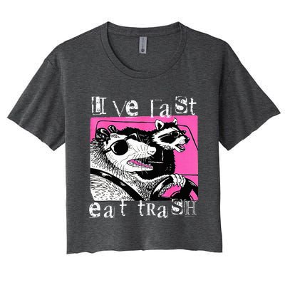 Live Fast Eat Trash Funny Possum Racoon Retro Sunglasses Women's Crop Top Tee