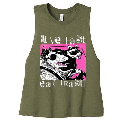 Live Fast Eat Trash Funny Possum Racoon Retro Sunglasses Women's Racerback Cropped Tank